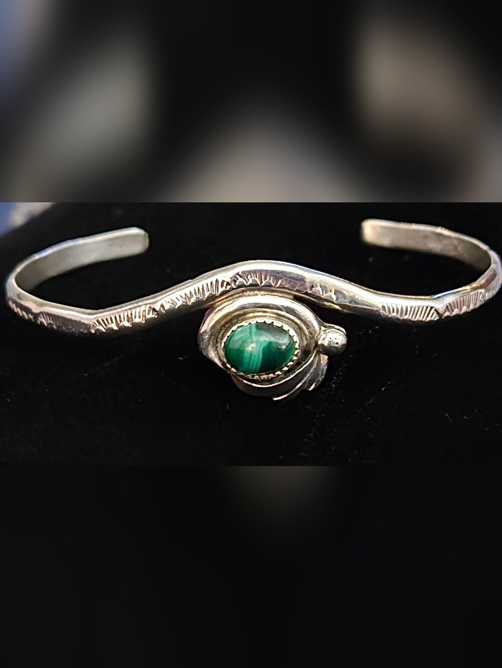 Vintage Southwestern Sterling Silver Malachite Cuff Bracelet Signed L.C.